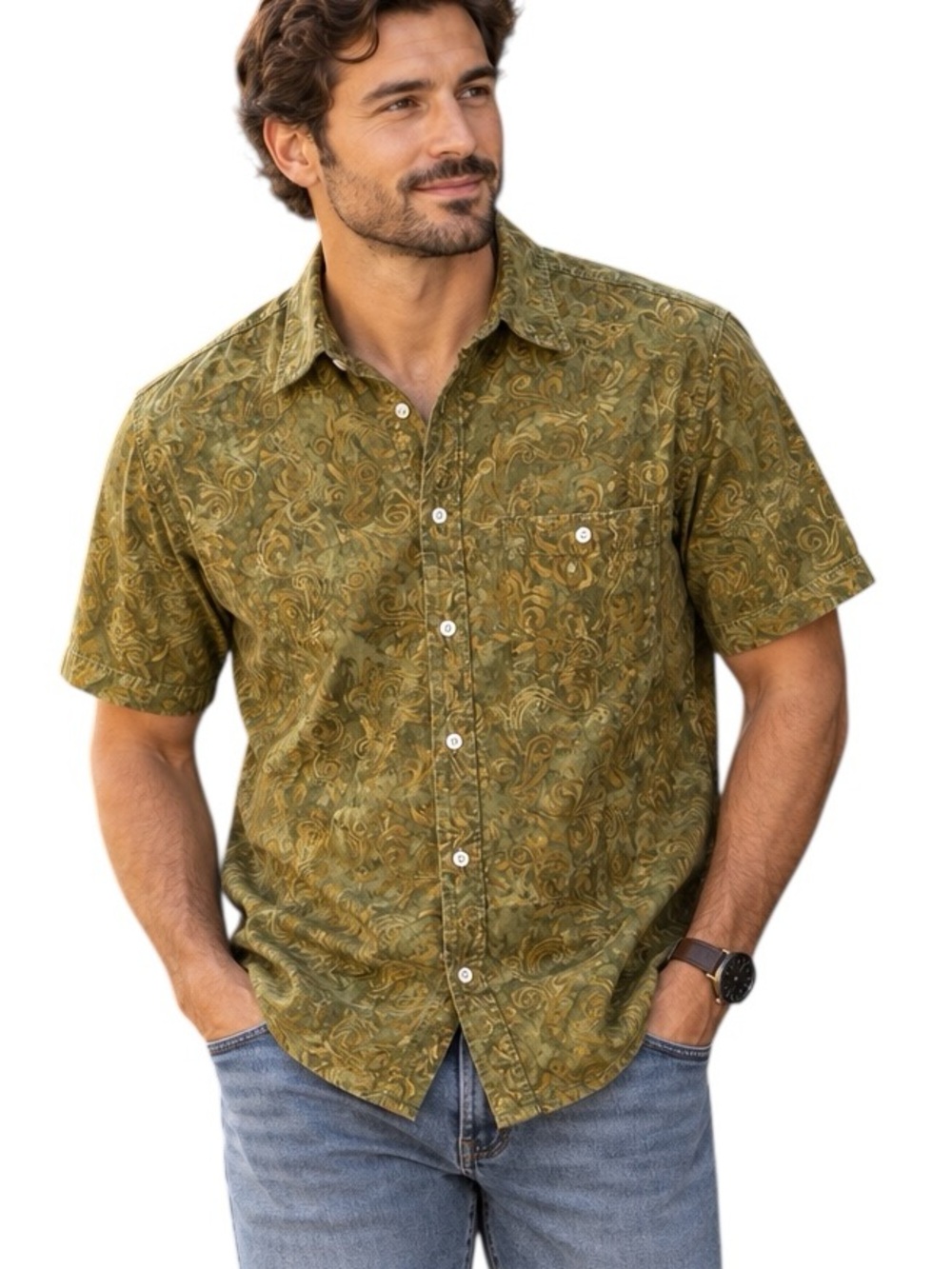 NASH Olive Paisley Print Shirt L Short Sleeve Button Up Retro Resort Earth Tone
